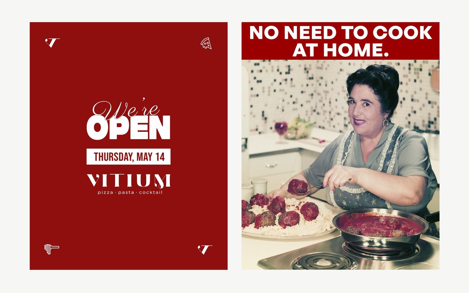 Carrousel Instagram du restaurant Vitium : annonce d’ouverture sur fond rouge et visuel rétro « No need to cook at home ».