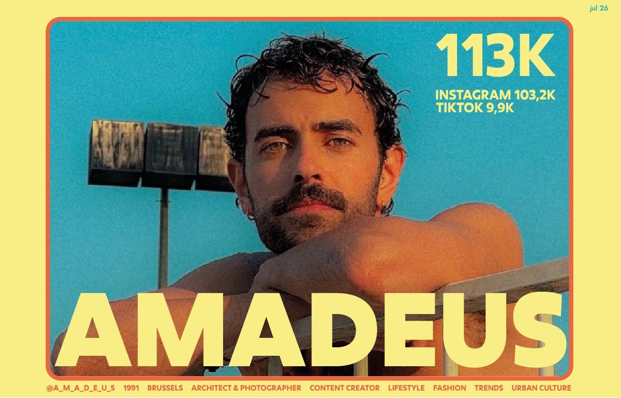 Couverture de media kit pour le créateur de contenu Amadeus : portrait sur fond bleu et grand titrage jaune.