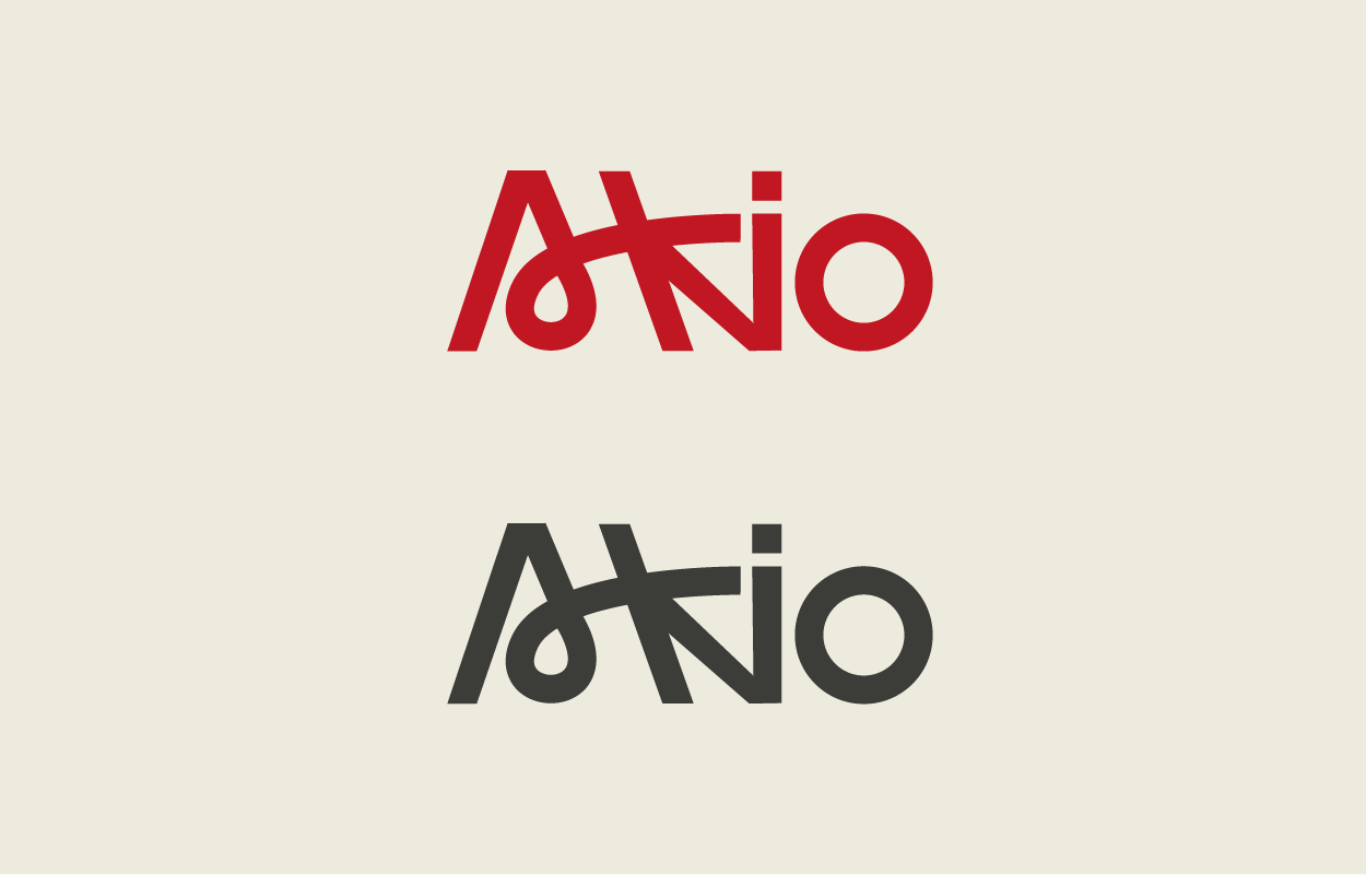 Recherche de logotype AKIO aux lettres entrelacées, en rouge et en anthracite.