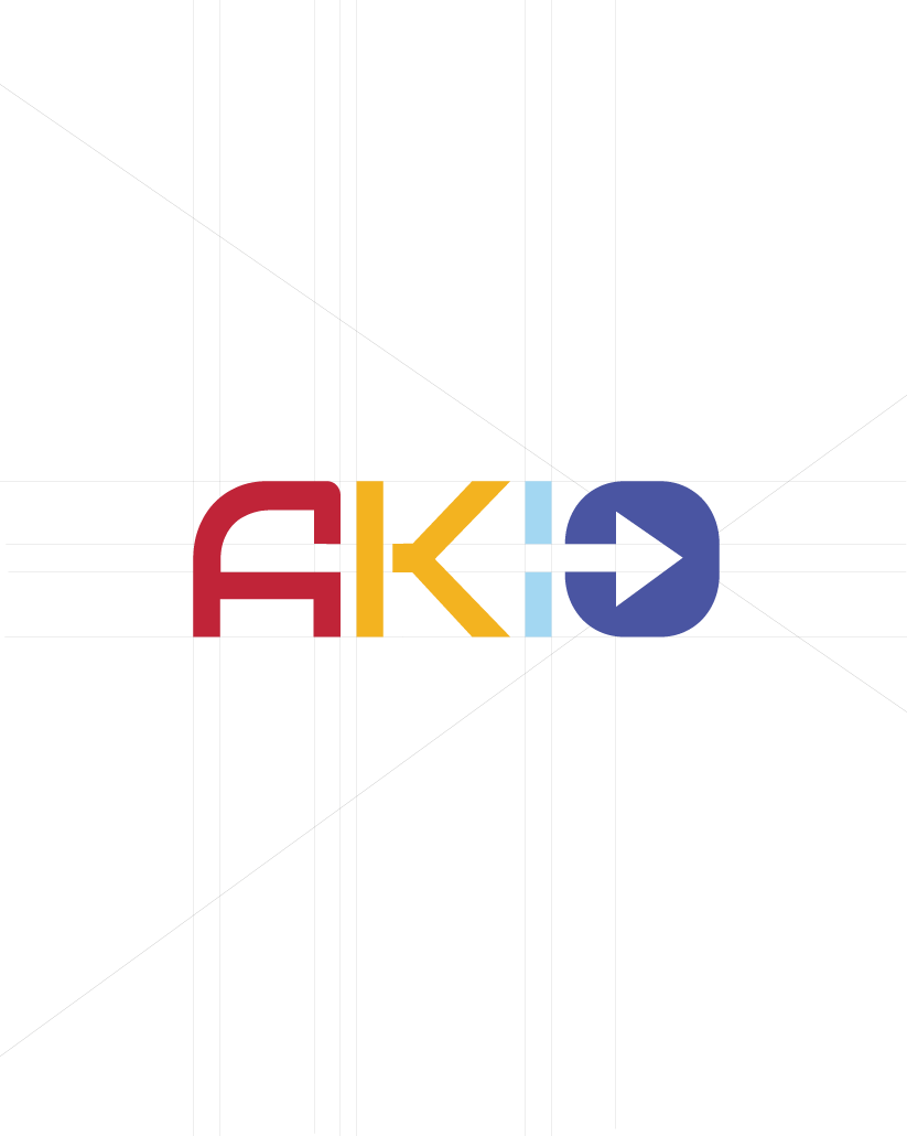 Logo géométrique AKIO multicolore construit sur sa grille de tracés.