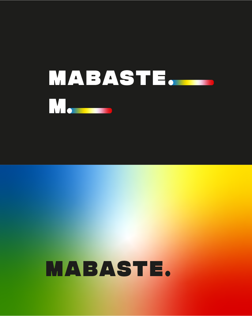 Recherche d’identité Mabaste : logotype blanc sur fond noir et dégradé chromatique arc-en-ciel.