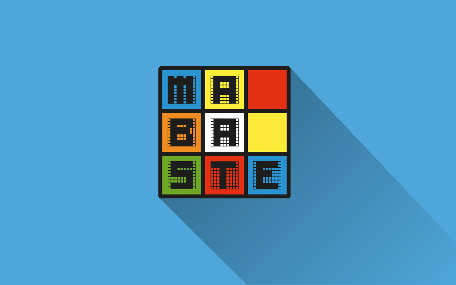 Illustration géométrique Mabaste : grille de carrés colorés aux lettres pixelisées, ombre portée sur fond bleu.