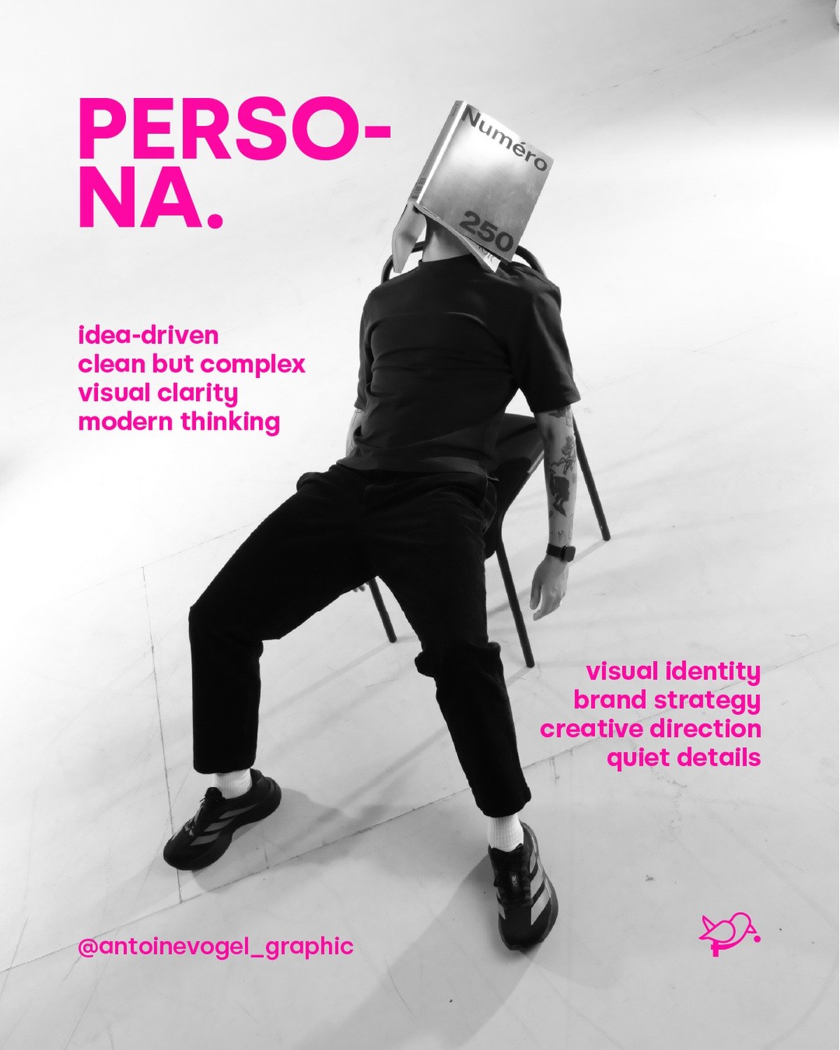 Antoine Vogel assis de dos, magazine Numéro sur la tête, visuel PERSONA.