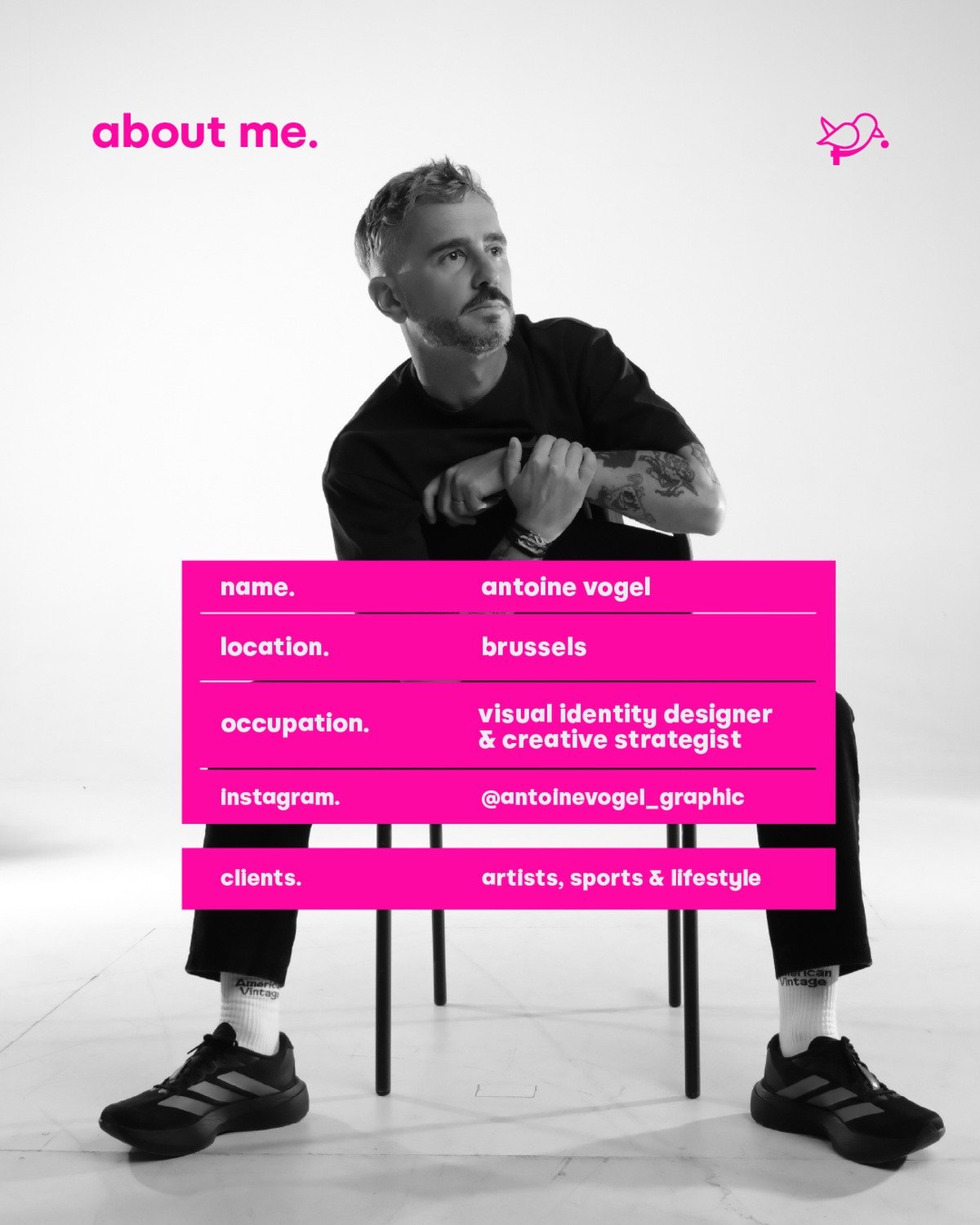Fiche de présentation d'Antoine Vogel, designer d'identité visuelle basé à Bruxelles.