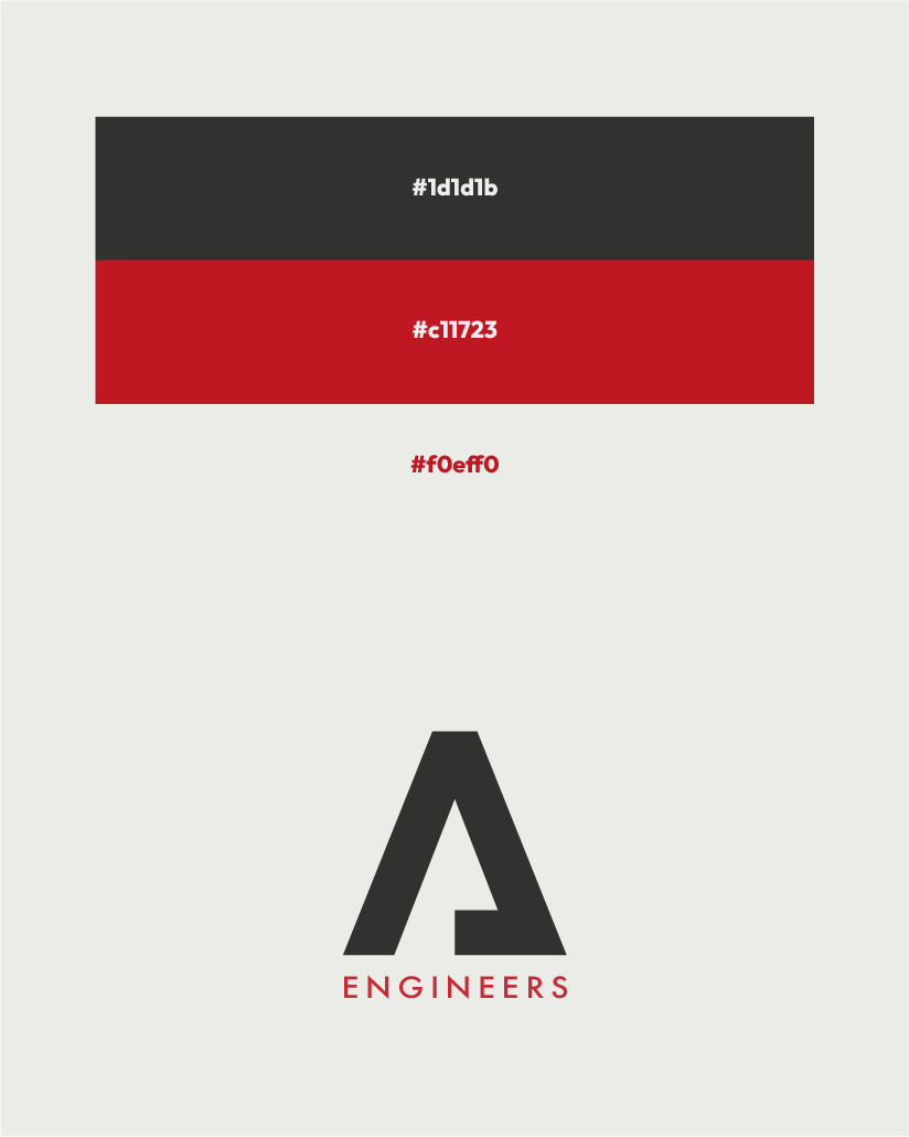 Palette de couleurs AKIO (anthracite, rouge et gris clair) au-dessus du pictogramme AKIO Engineers.