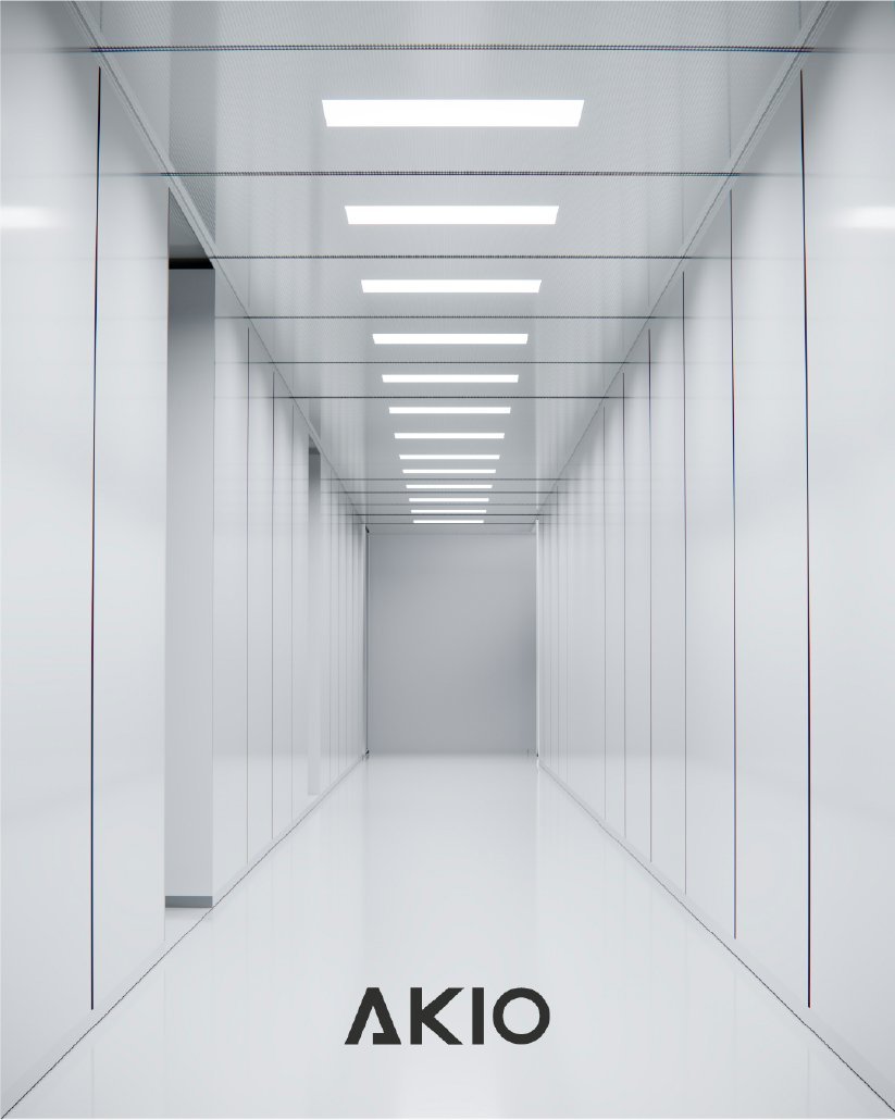 Couloir technique blanc aux lignes lumineuses, siglé AKIO, au format publication Instagram.