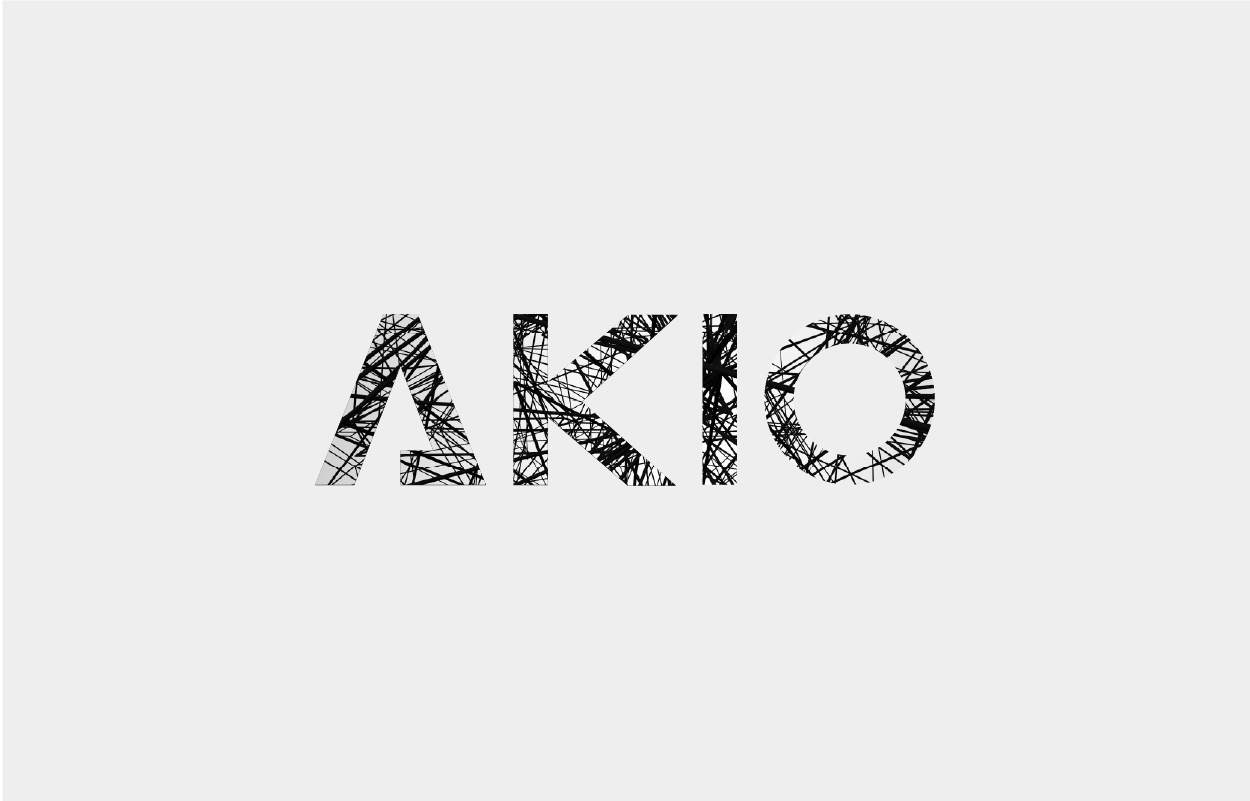 Logotype AKIO dont les lettres sont tramées de fines lignes noires entrecroisées, sur fond gris clair.