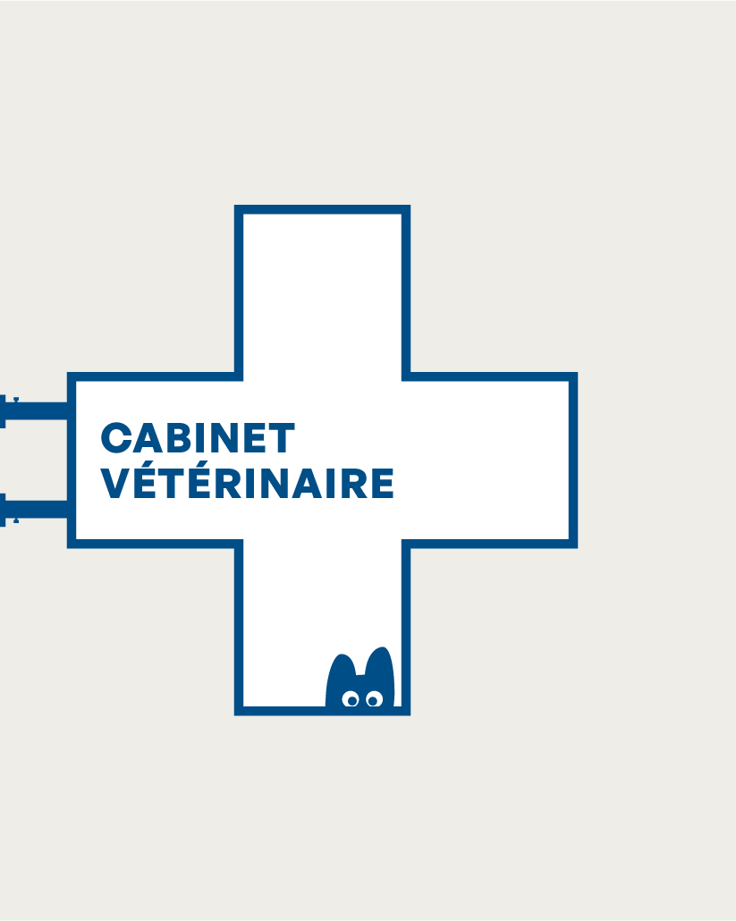 Enseigne en forme de croix portant « Cabinet vétérinaire », bleue sur fond clair.