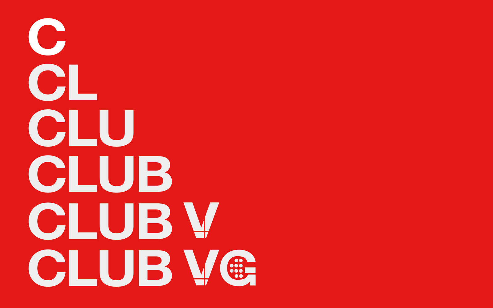 Logotype Club VG qui se construit lettre après lettre, de C à CLUB VG, en blanc sur fond rouge.