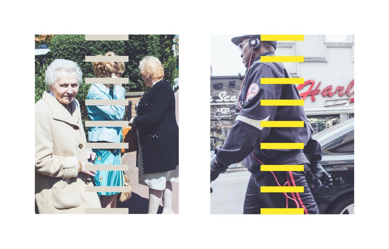 Deux photographies de rue traversées par les barres horizontales du signe Fred Beard, l’une en beige, l’autre en jaune.